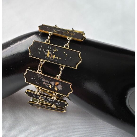 Jewelry - Vintage Japanese Damascene Gold-Plated Black 11 Panel 7" Bracelet